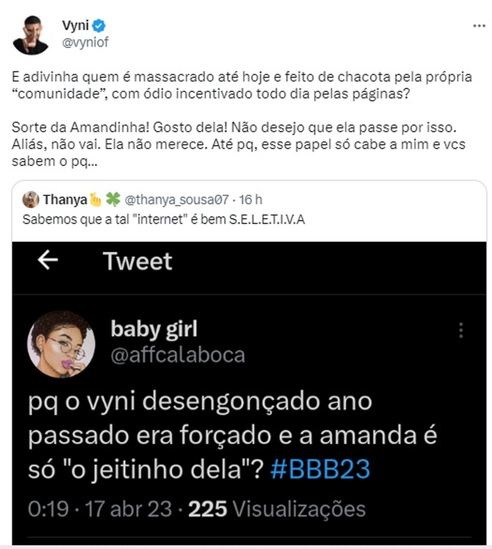 Desabafo do ex-BBB Vyni — Foto: Reprodução/Twitter