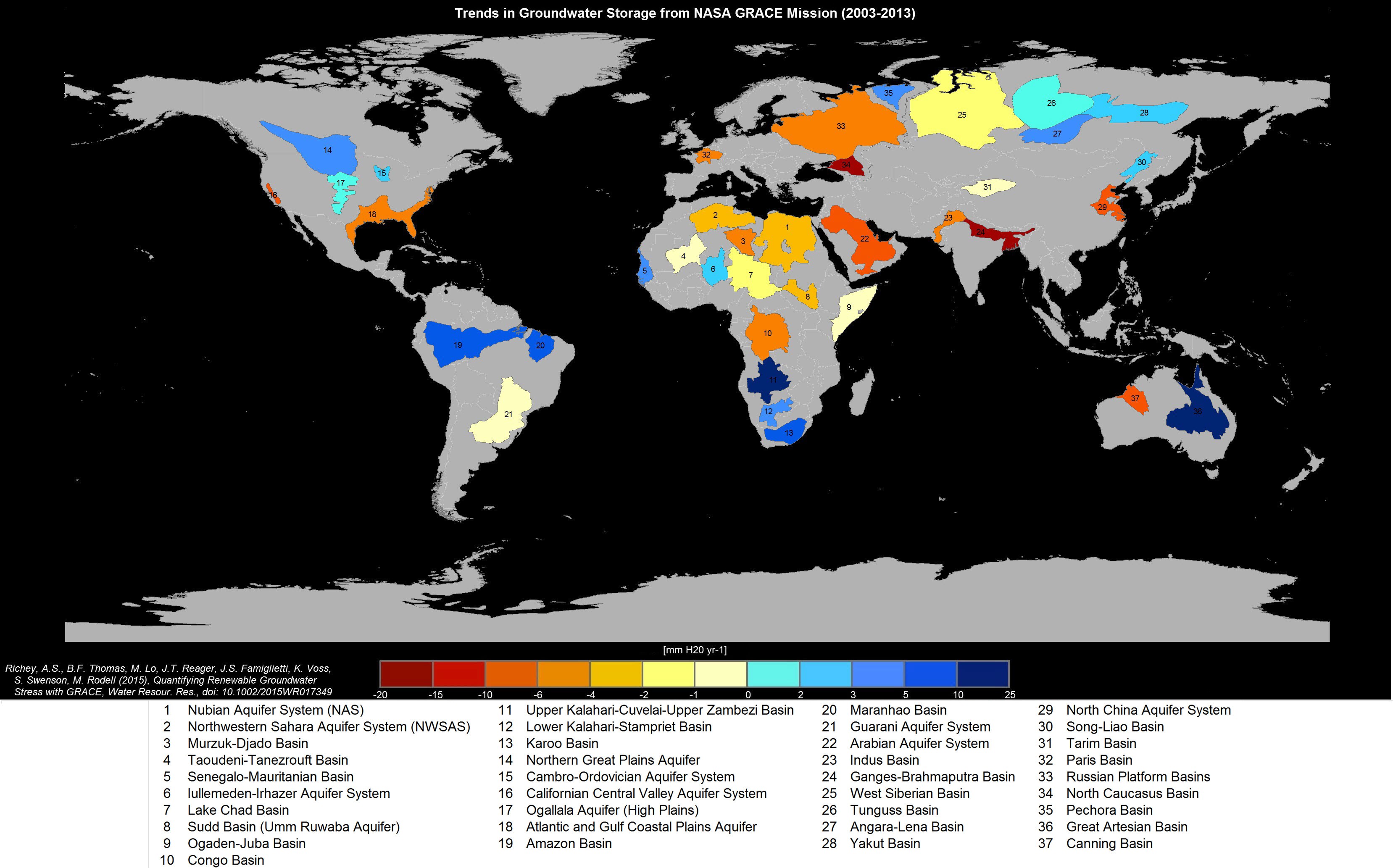 Mapa de bacias hidrograficas da Terra (Foto: NASA)