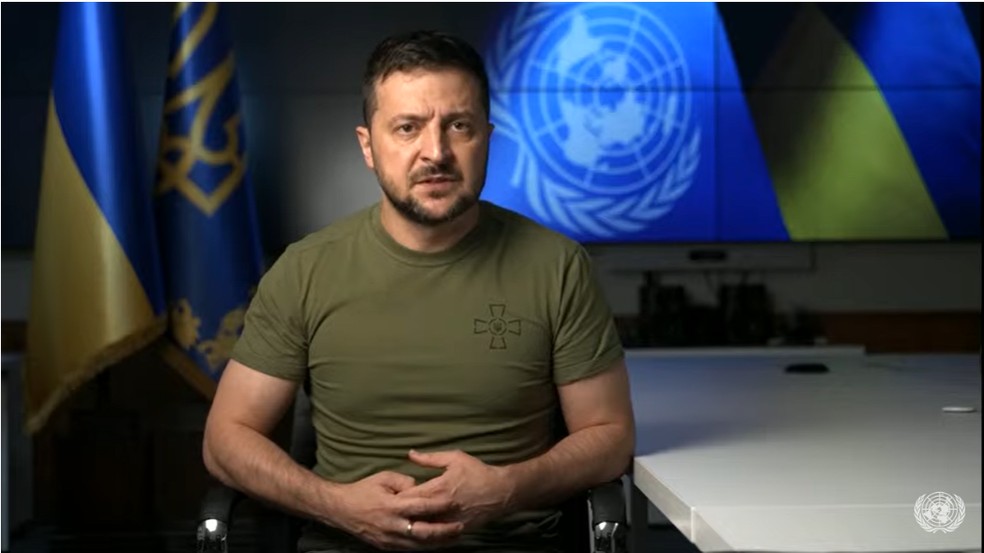 Volodymyr Zelensky se dirige à Assembleia Geral da ONU em 21 de setembro de 2022 — Foto: Reprodução