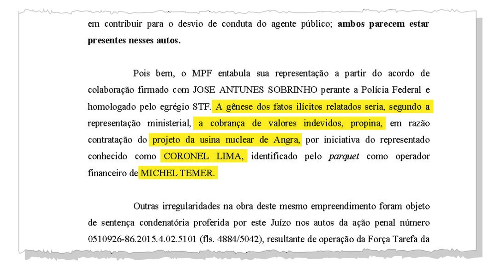 Trecho do inquérito com pedido de prisão de Michel Temer cita propina envolvendo o projeto da usina nuclear de Angra — Foto: Reprodução