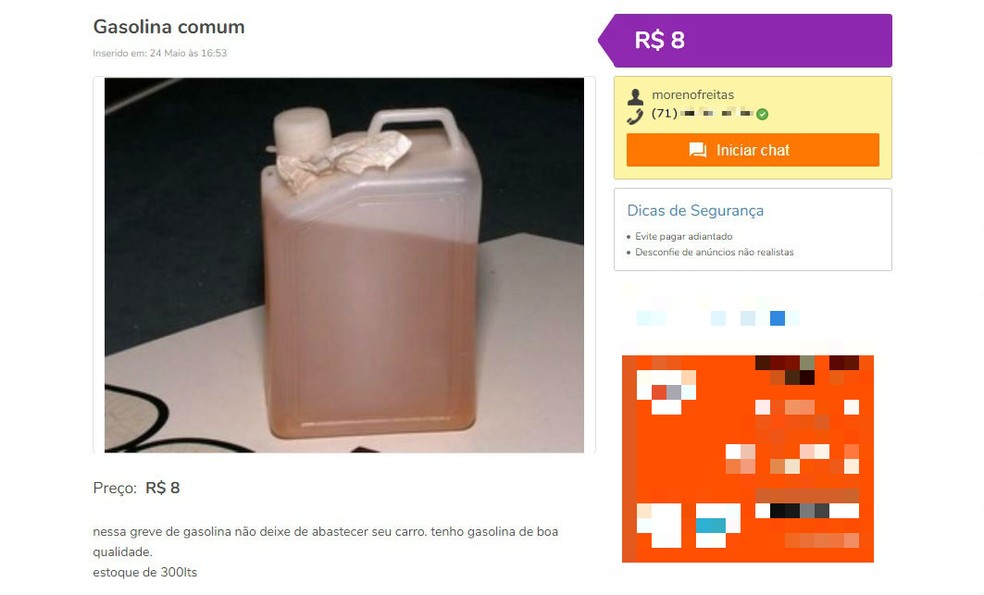 Gasolina é anunciada em site de vendas por anunciante que diz ser de Salvador (Foto: Reprodução/Site OLX)