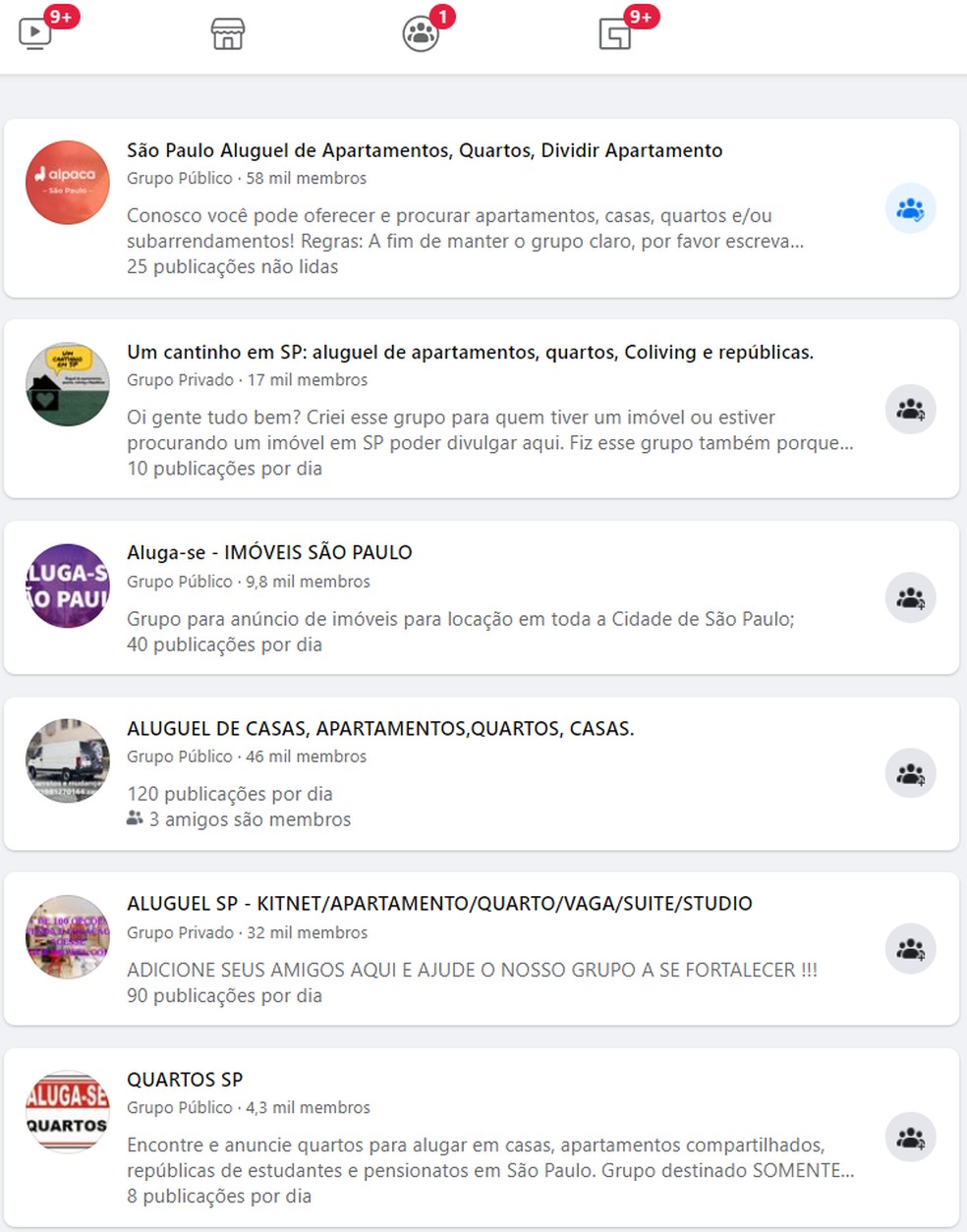 Grupos de aluguel de quartos no Facebook — Foto: Reprodução