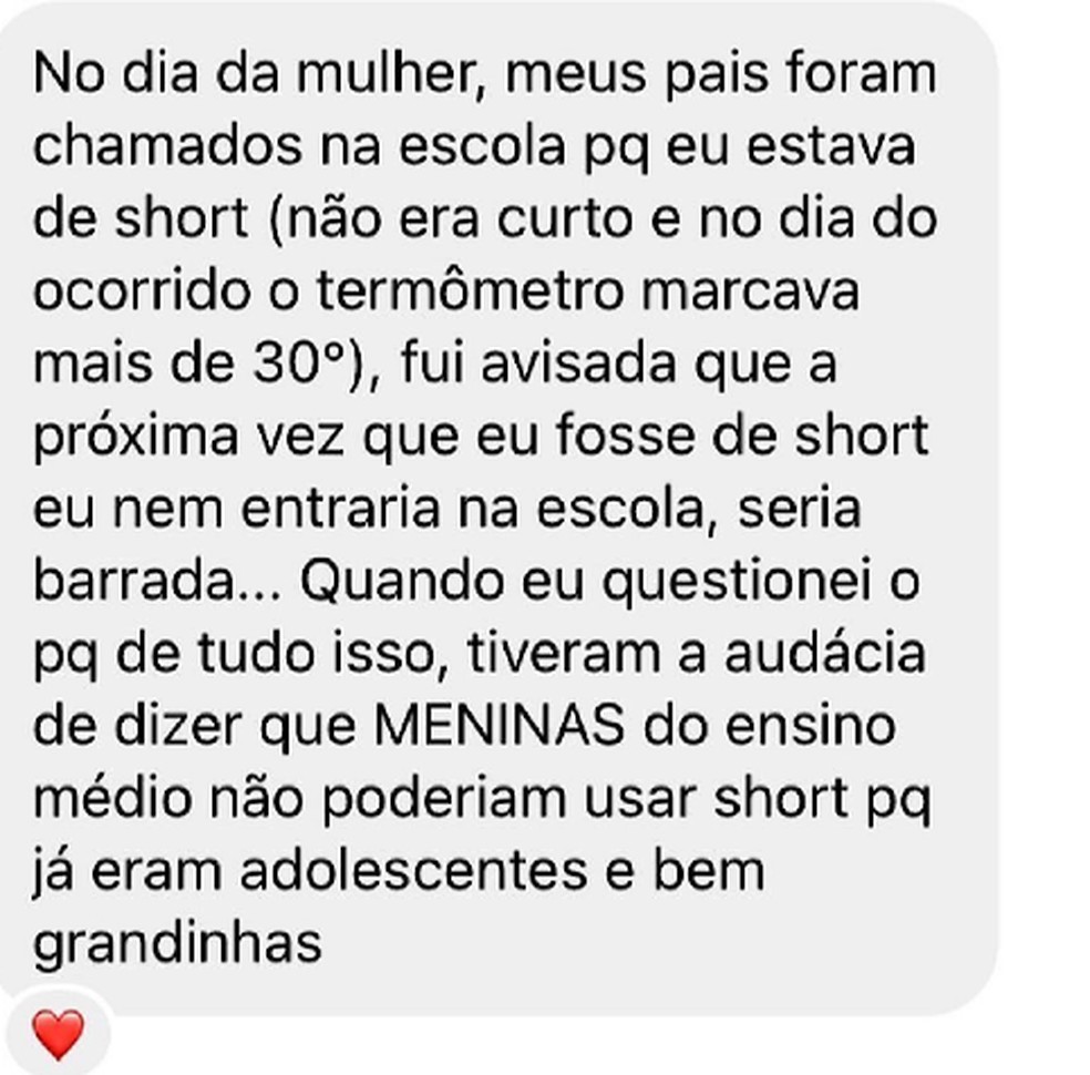 Relato de uma aluna da escola Aldeia da Serra. — Foto: Reprodução/ Instagram