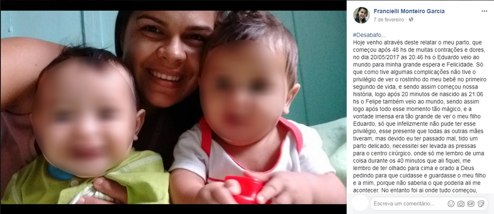 Francielli Garcia postou foto com os bebês e relatou o caso nas redes sociais — Foto: Reprodução/Facebook