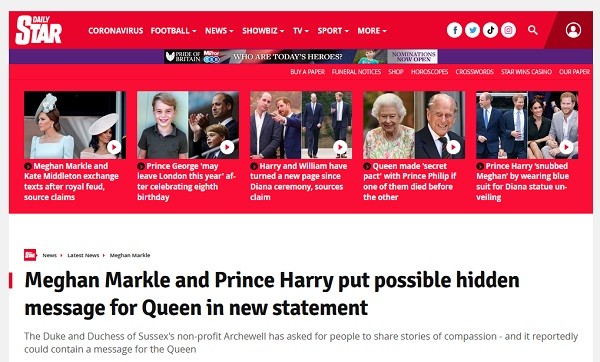 A chamada do Daily Star para a matéria acusando a suposta alfinetada do Príncipe Harry e da atriz Meghan Markle na realeza (Foto: Reprodução)