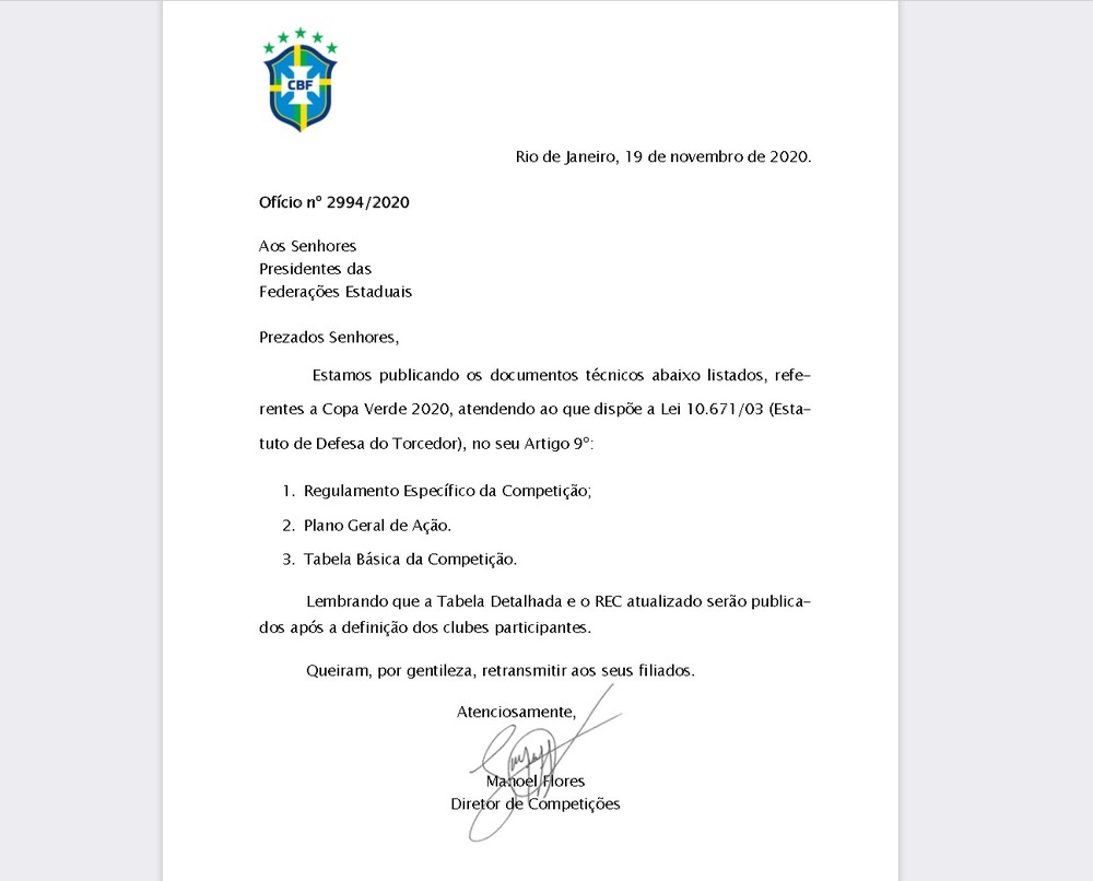 OfÃÂ­cio tÃ©cnico assinado pelo diretor de competiÃÂ§ÃÂµes da CBF, Manoel Flores (Foto: reproduÃÂ§Ã£o CBF)