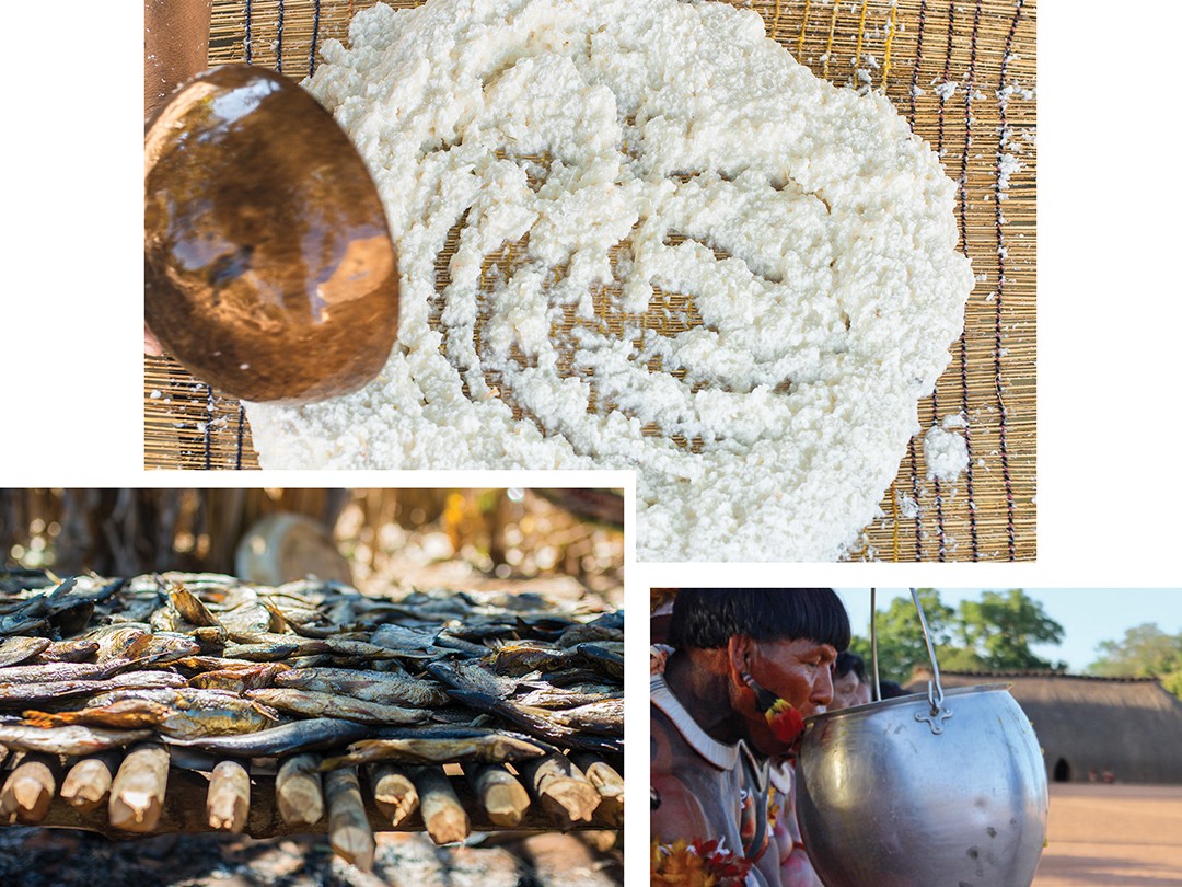 Xingu: Os três alimentos mais consumidos pelos povos do Xingu: beiju (a tapioca indígena), peixe e caldo de pequi – que dá forças para lutar (ou pescar).  (Foto: Felipe Oliveira e Regiane Thahira)