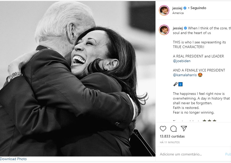Jessie J comemora eleição de Joe Biden e  Kamala Harris (Foto: Reprodução Twitter e Reprodução Instagram)