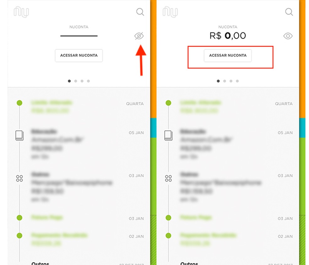 Visualização rápida de dados da NuConta pelo aplicativo Nubank — Foto: Reprodução/Marvin Costa