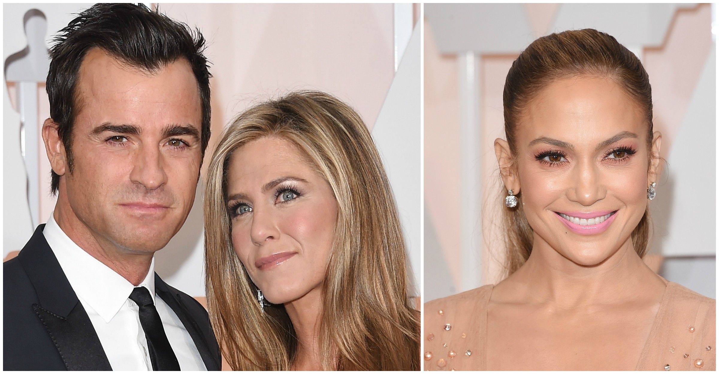 Justin Theroux com Jennifer Aniston, e Jennifer Lopez, todos clicados no Oscar. (Foto: Getty Images)