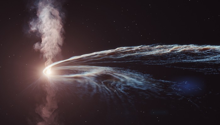 Ilustração artística do evento de perturbação das marés AT2019dsg, onde um buraco negro supermassivo espaguetifica e engole uma estrela. Parte do material não é consumido pelo buraco negro e é lançado de volta ao espaço. (Foto: DESY, Science Communication Lab)