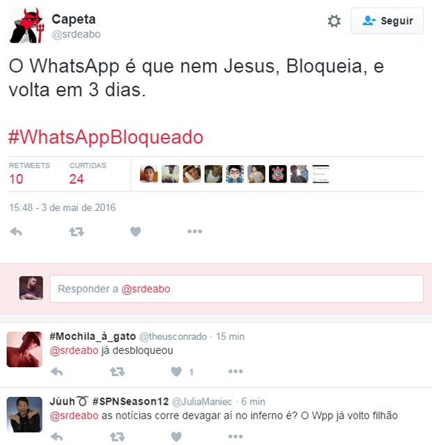 Usuários fazem brincadeiras com fim do bloqueio do WhatsApp no Brasil (Foto: Reprodução/Twitter)