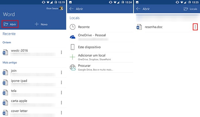 Office para Android pode adicionar atalhos para arquivos do OneDrive, memória interna ou outros locais (Foto: Reprodução/Elson de Souza)