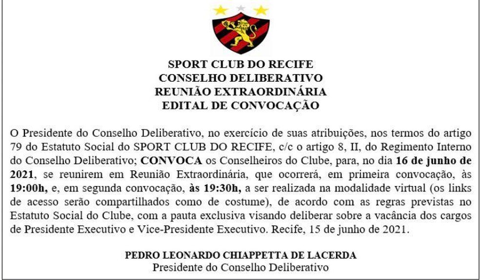 Edital de convoca&ccedil;&atilde;o de reuni&atilde;o extraordin&aacute;ria pelo Presidente do Conselho Deliberativo &mdash; Foto: Reprodu&ccedil;&atilde;o