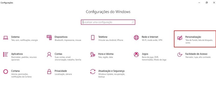 Clique no item "Personalização" do Windows 10 (Foto: Reprodução/Taysa Coelho) Clique no item "Personalização" do Windows 10 (Foto: Reprodução/Taysa Coelho)