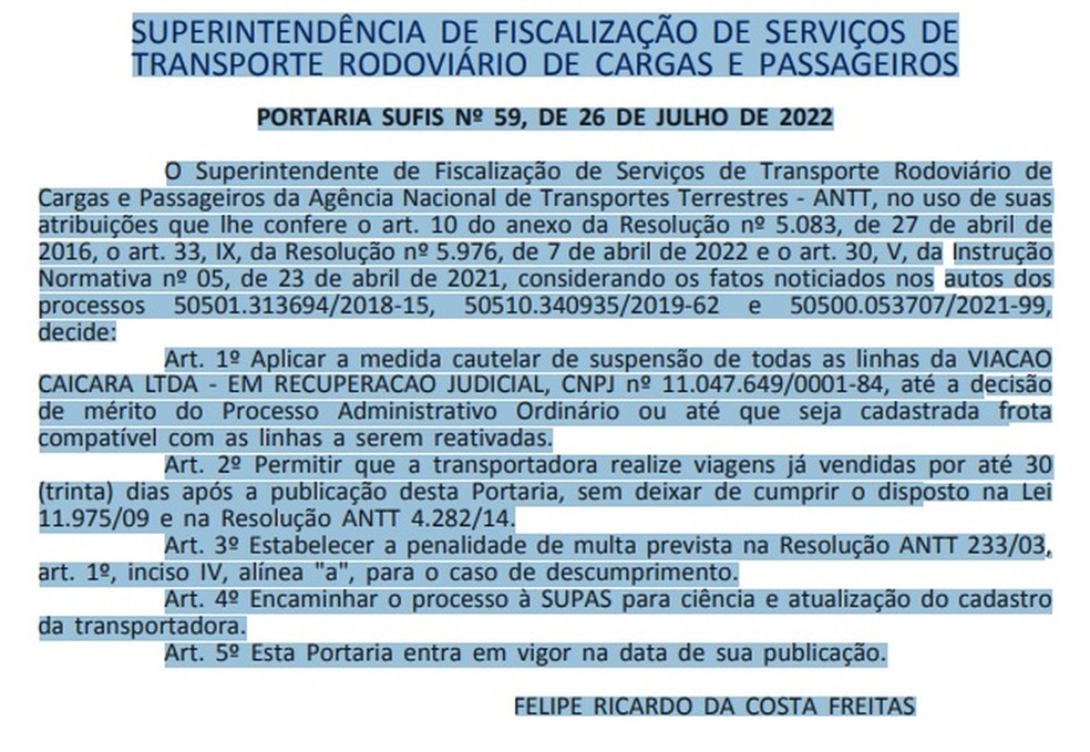 Portaria da ANTT sobre a suspensão das atividades da Itapemirim (Viação Caiçara Ltda). — Foto: Reprodução/DOU