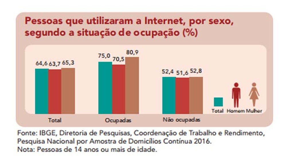 Diferença é superior a 20% no uso da Internet entre pessoas empregadas e desempregadas — Foto: Divulgação/ IBGE