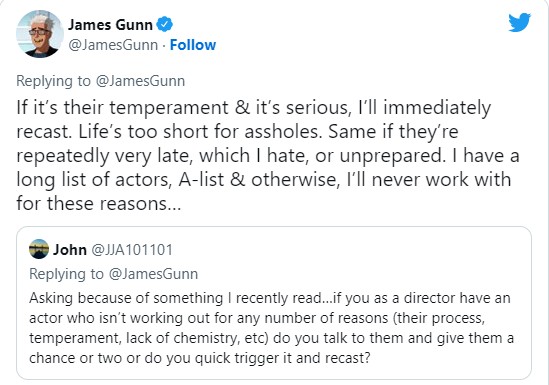 A resposta de James Gunn sobre a lista  (Foto: Reprodução/Twitter)