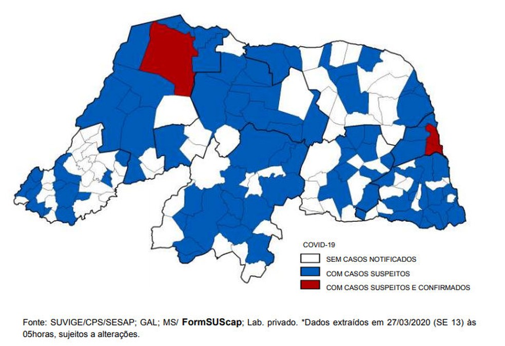 Mapa aponta casos suspeitos e confirmados de coronavírus no Rio Grande do Norte — Foto: Reprodução