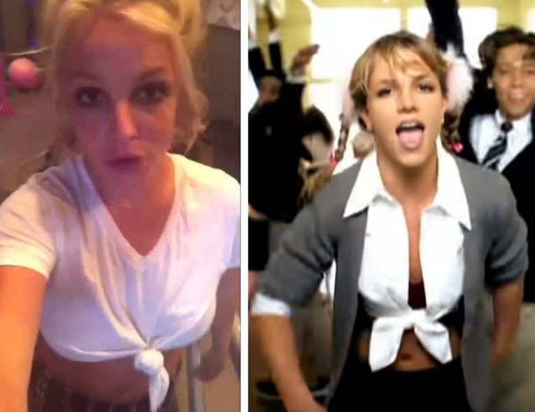 A cantora Britney Spears durante uma sessão de malhação com o look parecido com o seu figurino no clipe de Hit Me Baby (One More Time), lançado em 1999 (Foto: Instagram/Reprodução)