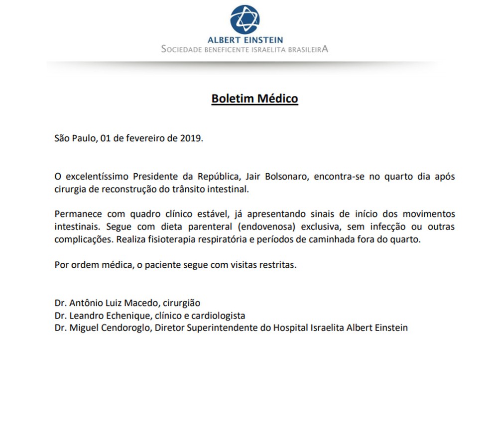 Boletim médico de Jair Bolsonaro do dia 1º de fevereiro — Foto: Reprodução