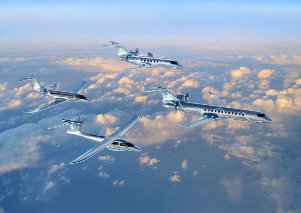 Aviões conceitos da Embraer que usam energia de fontes renováveis — Foto: Embraer