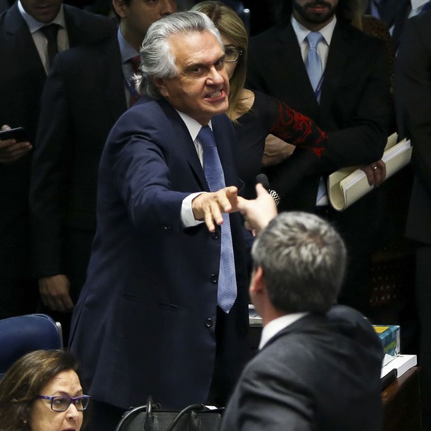 O senador Ronaldo Caiado (DEM-GO) e o senador Lindbergh Farias (PT-RJ) trocaram insultos durante julgamento do impeachment no Senado (Foto: Marcelo Camargo/Agência Brasil)