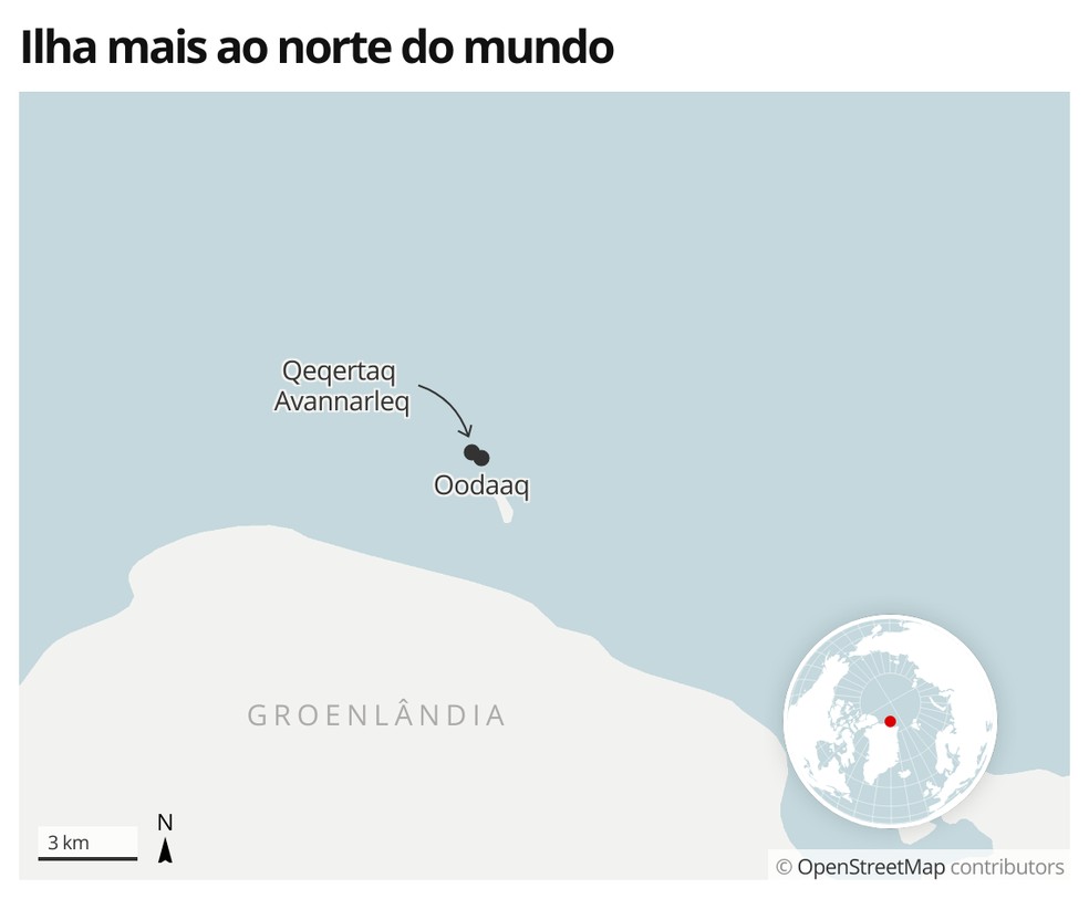 Mapa apresenta a localização aproximada de Qeqertaq Avannarleq, a ilha mais ao norte do mundo — Foto: G1 Mundo