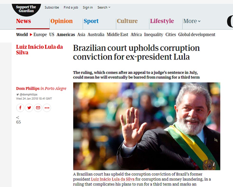Guardian noticia a manutenção da condenação de Lula (Foto: Reprodução/The Guardian)