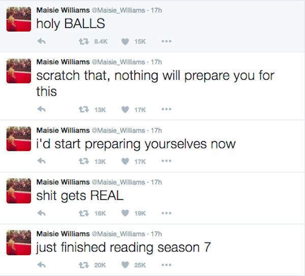 Os tuítes sobre a sétima temporada de 'Game of Thrones' feitos por Maisie Williams (Foto: Twitter)