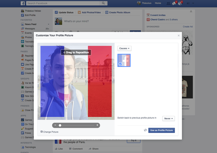 Facebook muda foto de perfil em homenagem aos mortos em Paris (Foto: Reprodução)