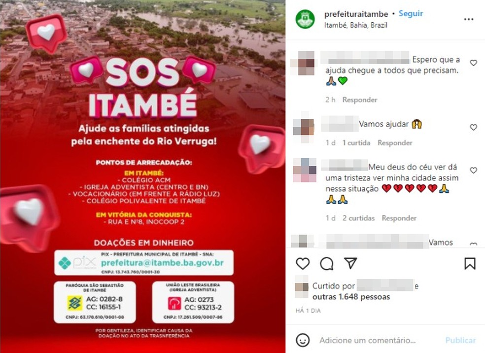 Prefeitura de Itambé divulgou pontos de doações para as vítimas da enchente do rio Verruga. — Foto: Reprodução / Redes Sociais