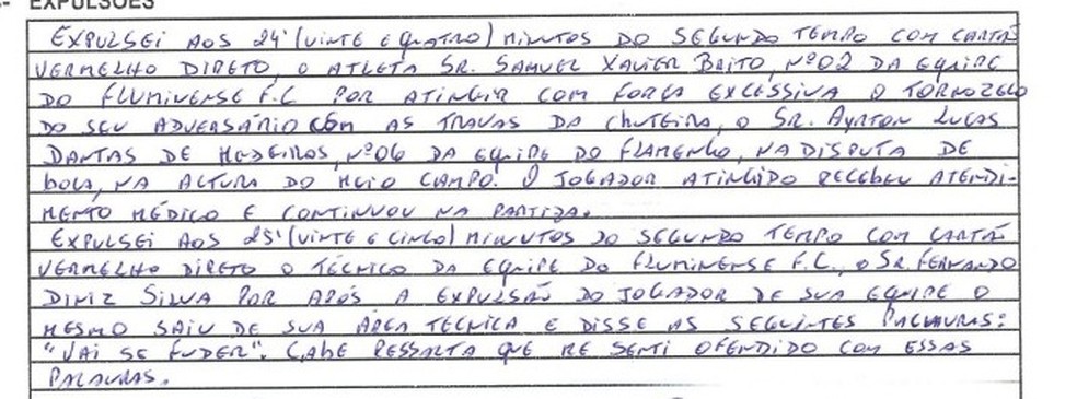 Súmula do jogo entre Flamengo e Fluminense — Foto: Reprodução