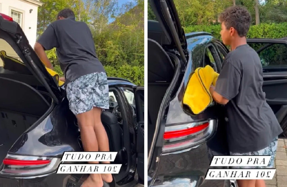 Isago, filho de Belle e Thiago Silva, lava carro para ganhar 10 libras (Foto: Reprodução/Instagram)