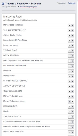 Sugest?es erradas de tradu??o causaram confus?o no Facebook no Brasil (Foto: Reprodu??o/Facebook)