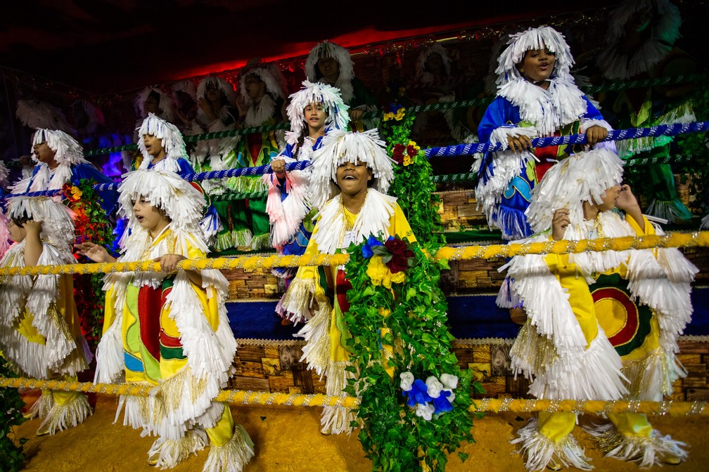 CrianÃ§as participam do desfile da Mancha Verde em carro alegÃ³rico â Foto: Fabio Tito/G1