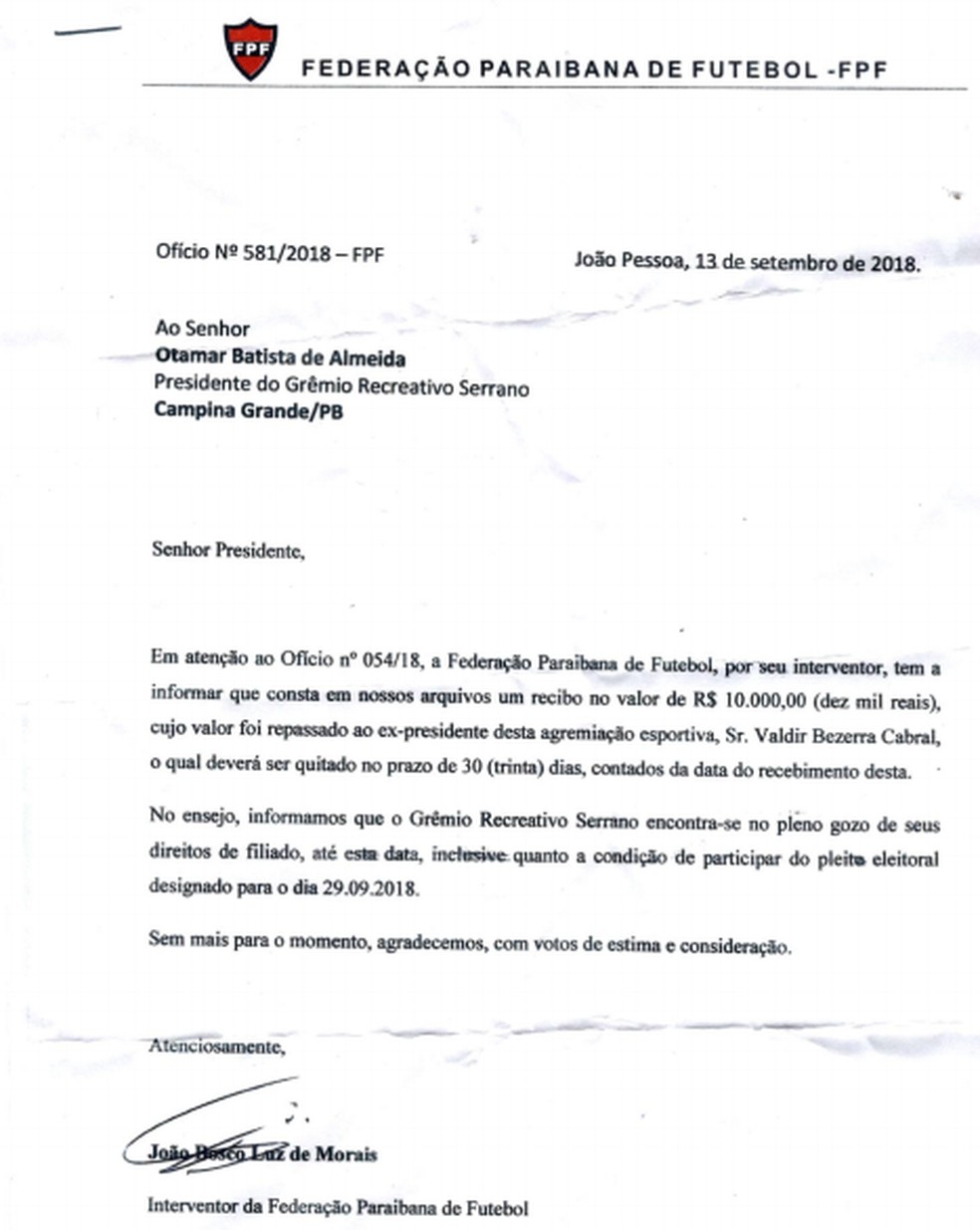 João Bosco Luz garante os direitos políticos do Serrano-PB, mesmo com o reconhecimento da dívida por parte da FPF — Foto: Reprodução