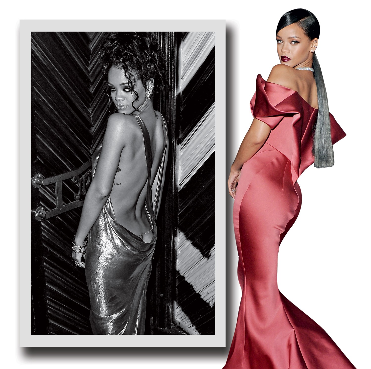 Rihanna: A cantora, de Stella McCartney, numa festa em Nova York no ano passado e, à esquerda, de Zac Posen, no red carpet deumgala em Los Angeles (Foto: AFP, Getty Images e Divulgação)