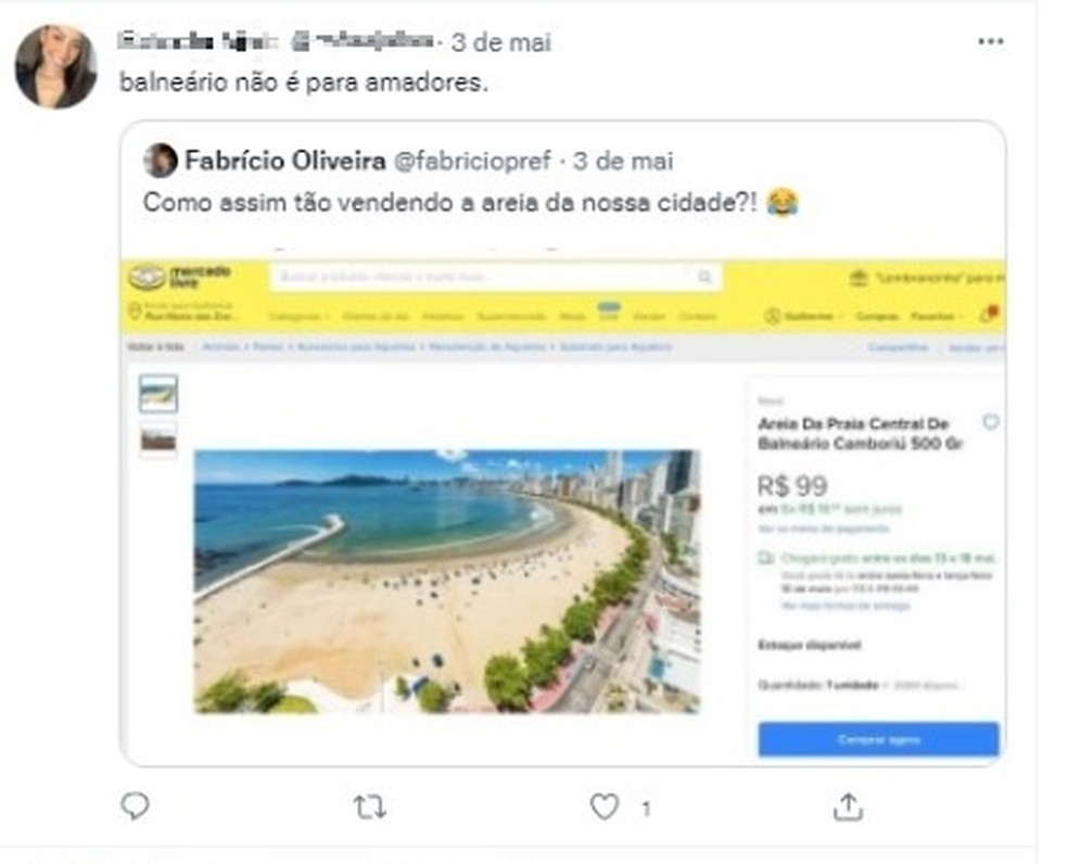 Venda de areia de Balneário Camboriú repercute nas redes sociais — Foto: Reprodução/Redes Sociais