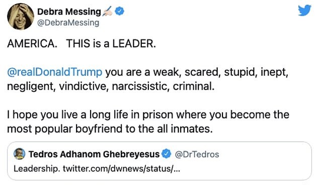 O tuíte da atriz Debra Messing sugerindo que Donald Trump seja estuprado caso um dia seja preso (Foto: Twitter)