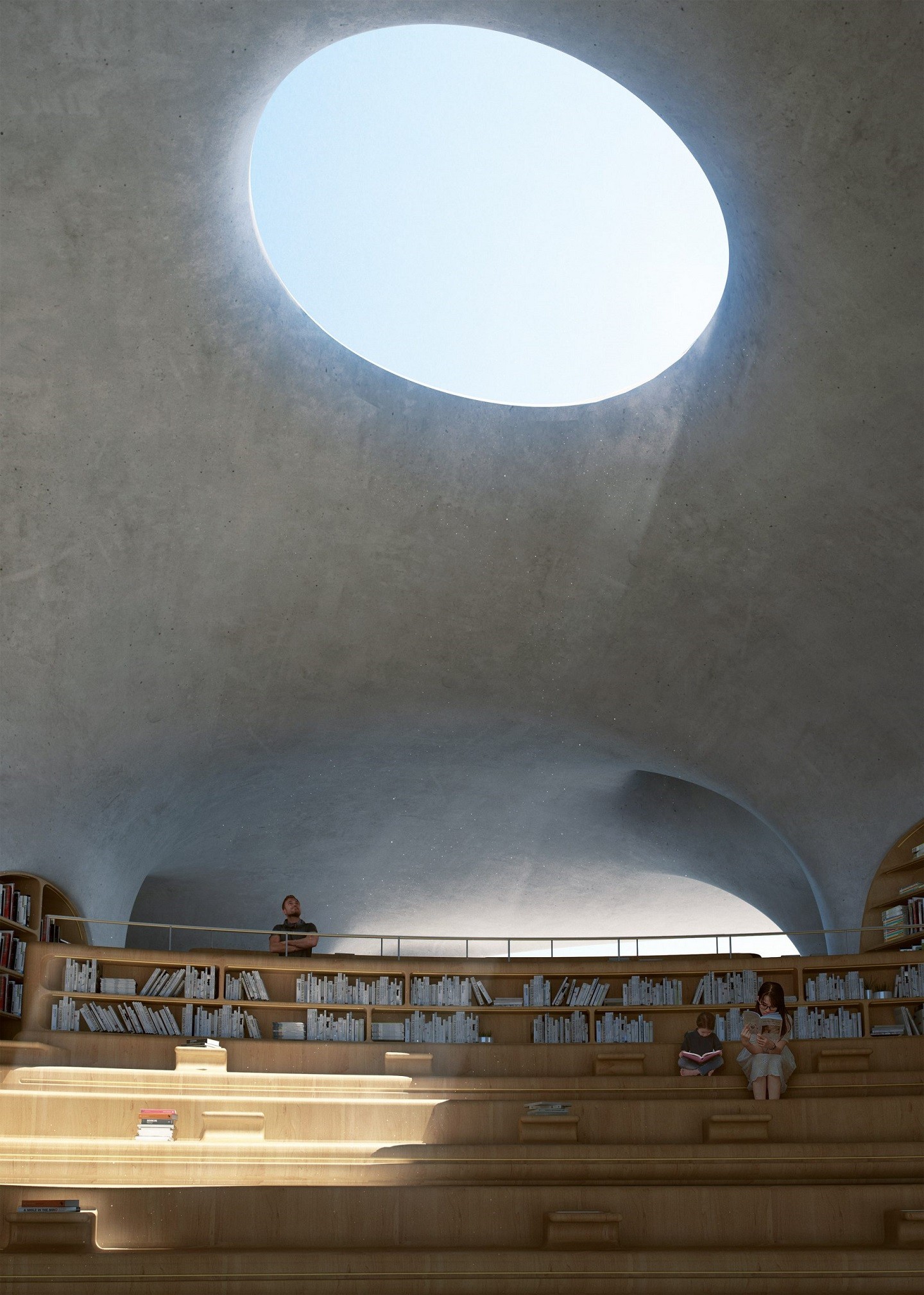 Biblioteca tem design futurístico e terraço com vista para o mar na China (Foto: SAN)