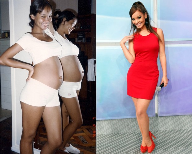 Na foto: Carol Nakamura quando estava grávida e atualmente, no Domingão (Foto: Arquivo Pessoal e Jacson Vogel / TV Globo)