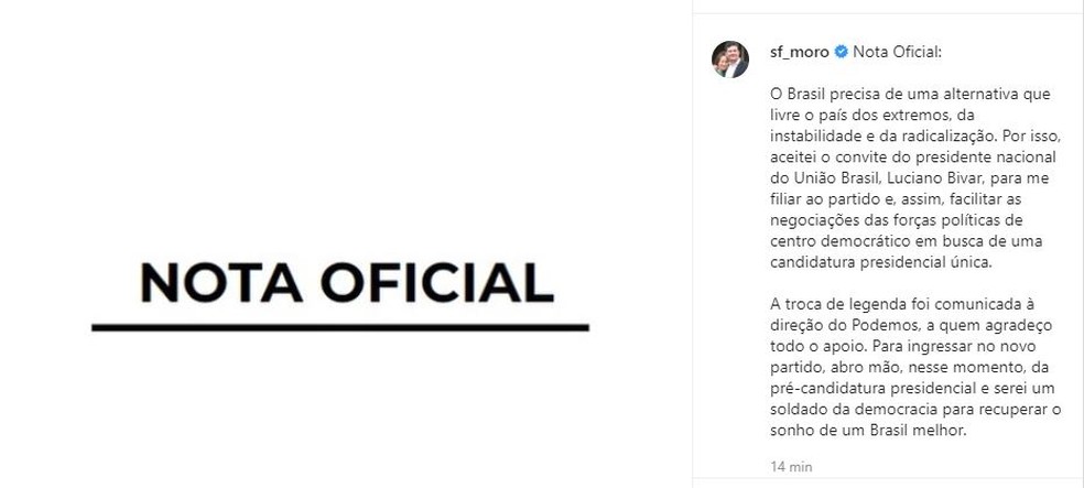 Nota oficial de Sergio Moro sobre filiação ao União Brasil. — Foto: Reprodução/Instagram 