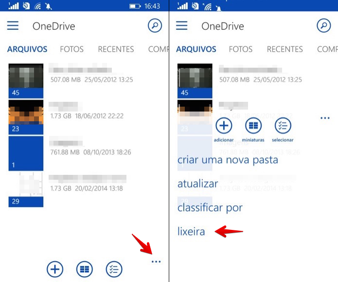 Acessando a lixeira do OneDrive no Windows Phone (Foto: Reprodução/Helito Bijora) 