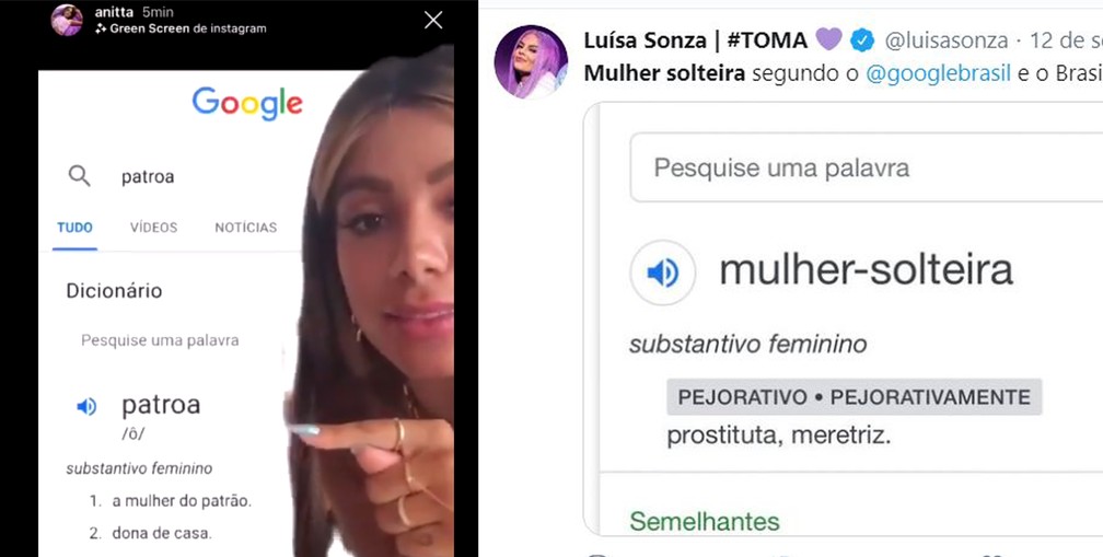 Anitta e Luísa Sonza criticaram significado das palavras "patroa" e "mulher-solteira" que apareciam no Google — Foto: Reprodução/Instagram/Twitter