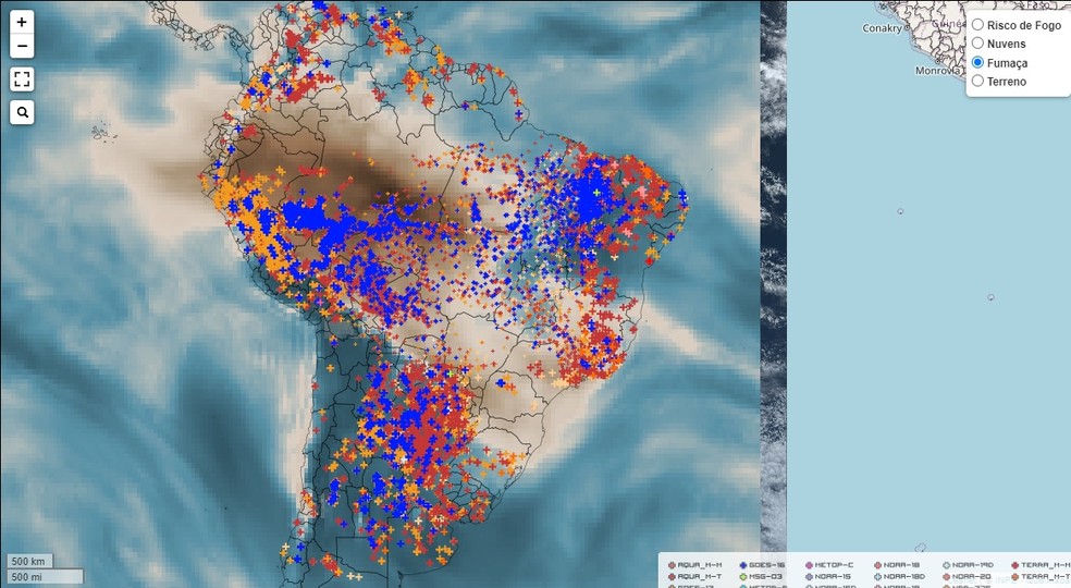 Fumaça de queimadas na Amazônia se espalha pelo Brasil — Foto: Reprodução/Inpe