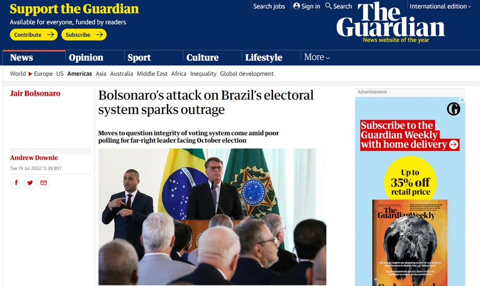 O jornal britânico "Guardian" repercutiu o encontro de Bolsonaro com embaixadores e disse que as falas do presidente brasileiro causaram 'indignação'. — Foto: Reprodução