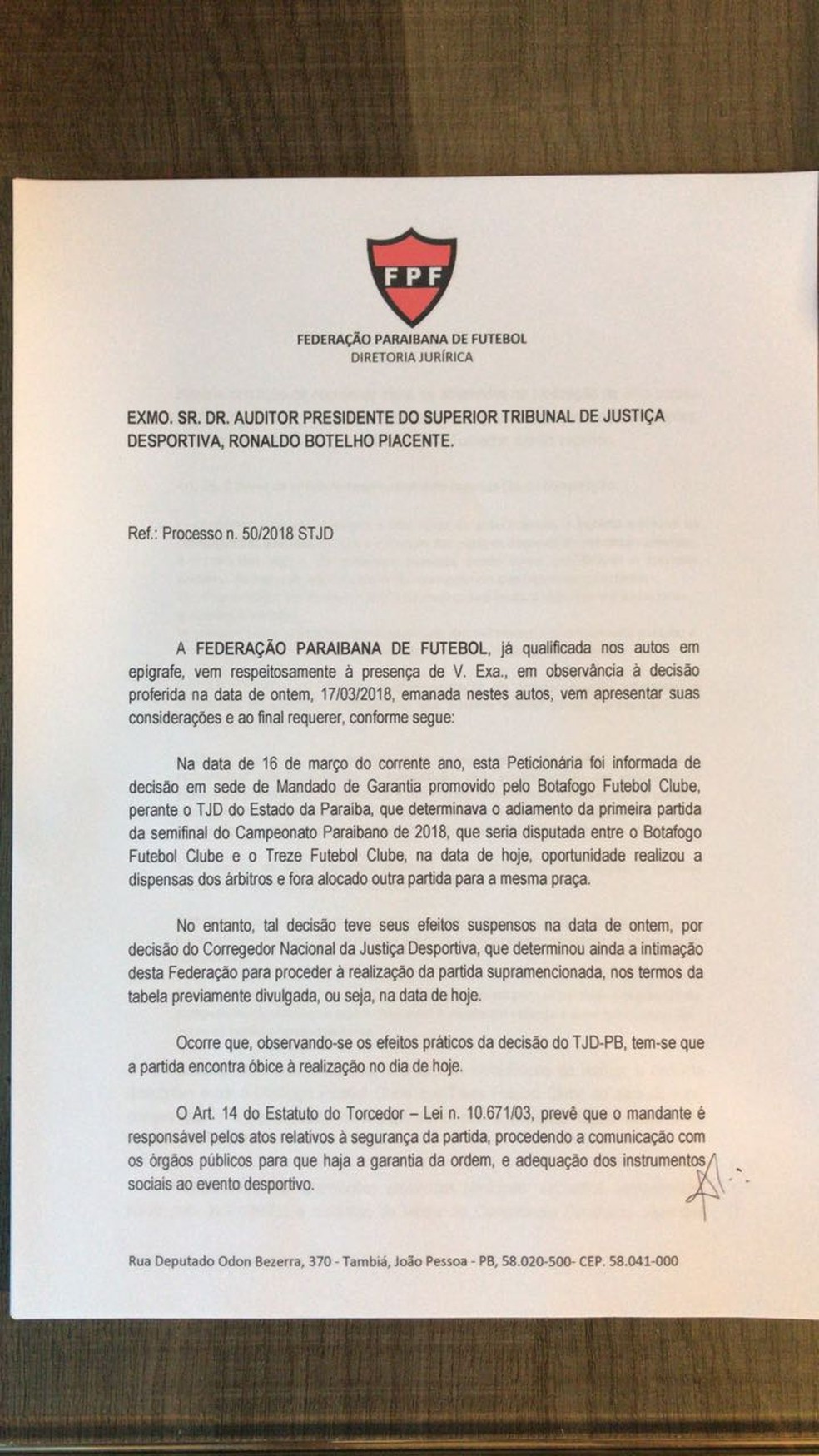 Documento encaminhado neste domingo pela Federação Paraibana de Futebol para o STJD (Foto: Divulgação/FPF)