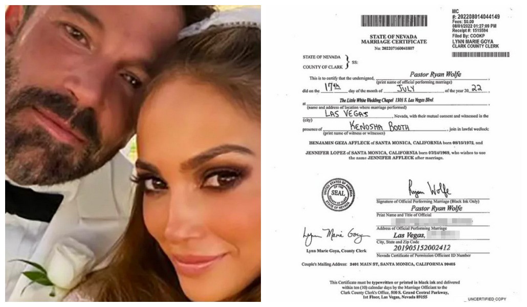 Ben Affleck e Jennifer Lopez e a certidão de casamento do casal (Foto: Reprodução)