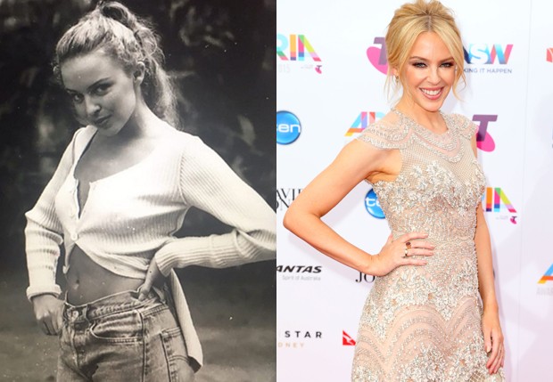 Kylie Minogue em foto antiga e em 2015 (Foto: Reprodução/Instagram e Graham Denholm/Getty Images)